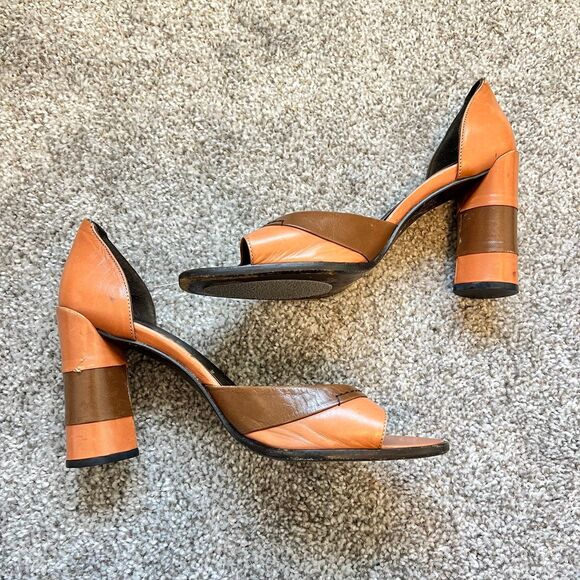 Vintage Prada Brown Leather Retro Colorblock Heels Shoes Women’s 7 36.5 - Picture 4 of 7